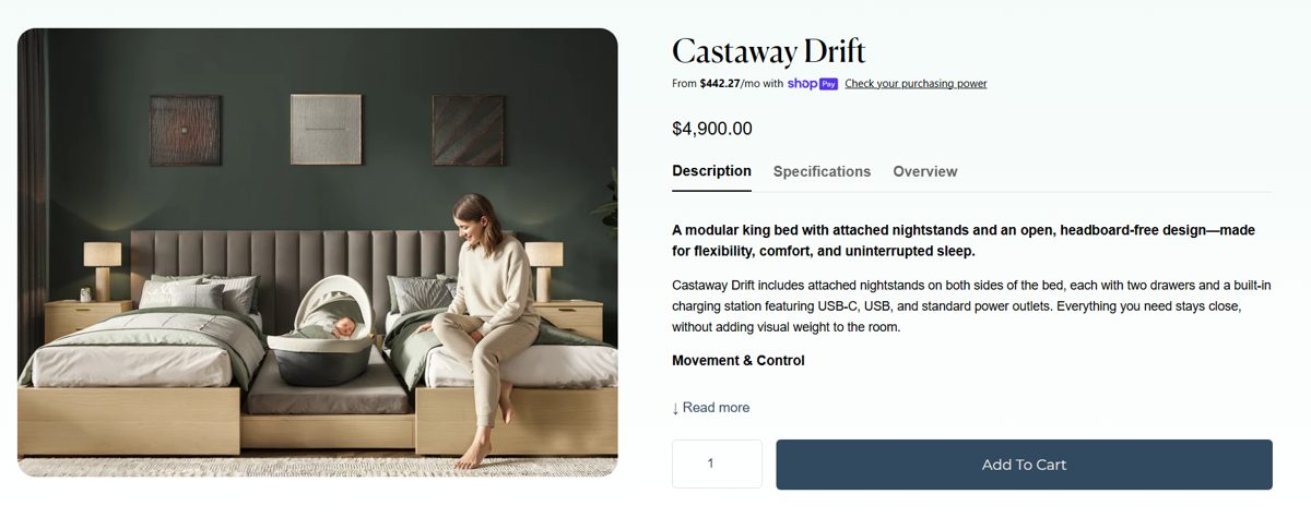 Castaway Bed product page before the FoxSignal redesign