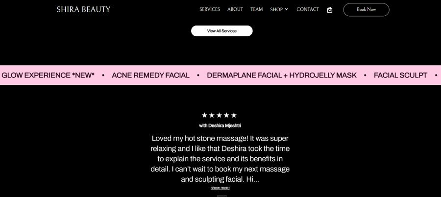 Shira Beauty GlossGenius booking page before the FoxSignal rebuild