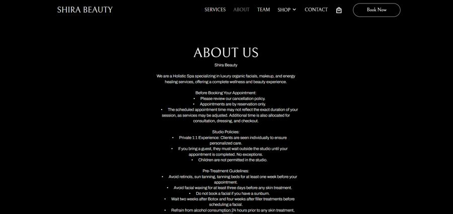 Shira Beauty GlossGenius booking page before the FoxSignal rebuild